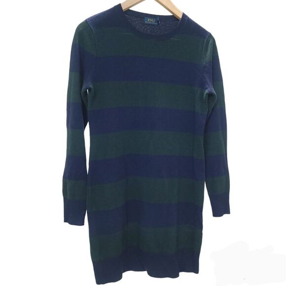 POLO Ralph Lauren Merino Wool Sweater Dress Small Green Blue Striped Long Sleeve - Picture 1 of 6